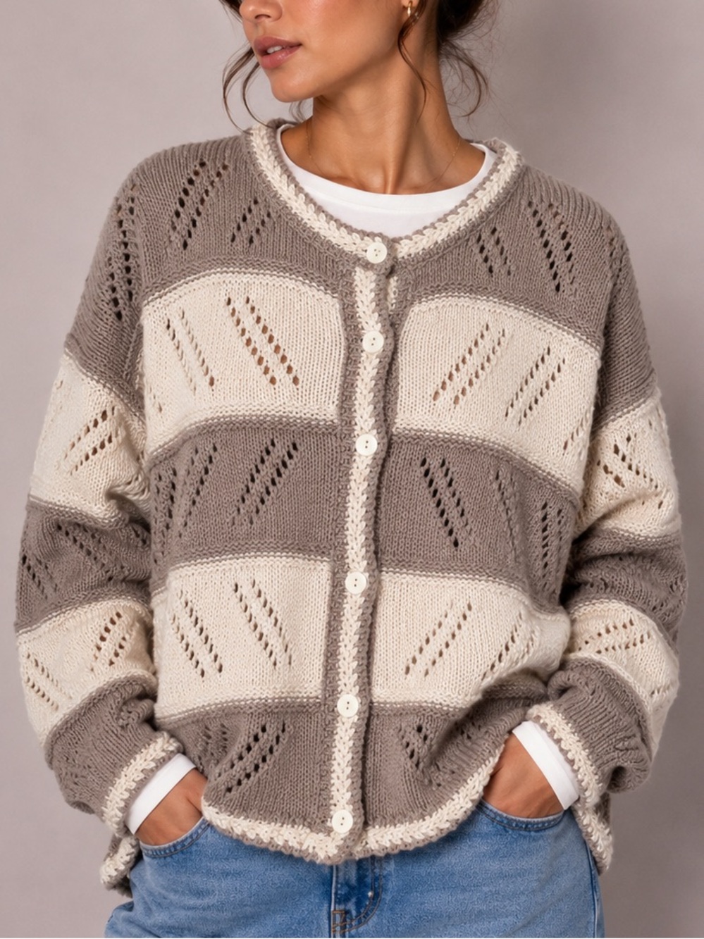 Vintage Cardigan Sweater Basic Edition Cozy Neutral Stripe Knit Cotton Chunky